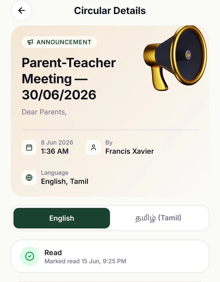 Parent app, real screen: a circular with an English / Tamil switch and ‘Read · Marked read’