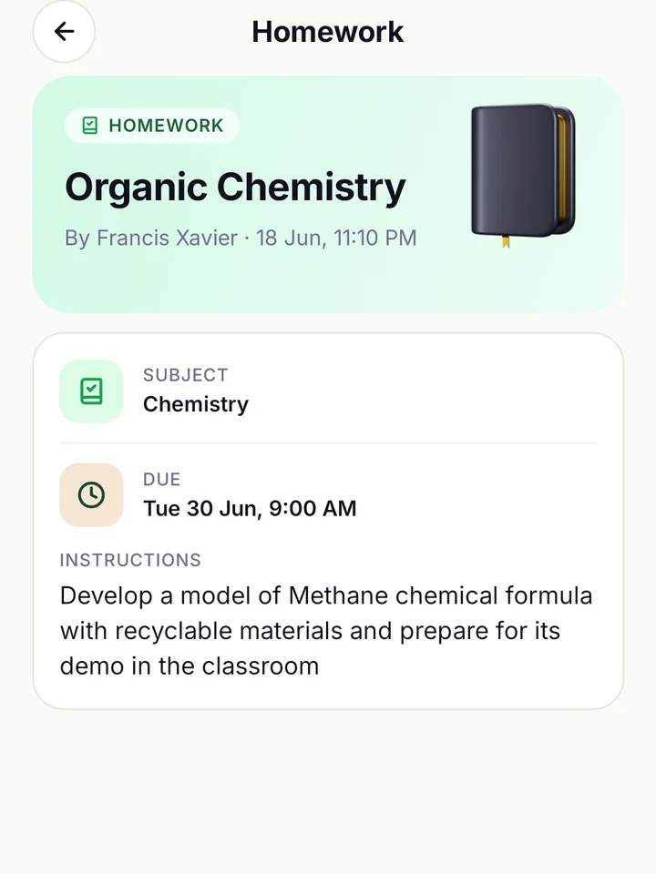 Parent app, real screen: a Chemistry homework card with its due date and instructions